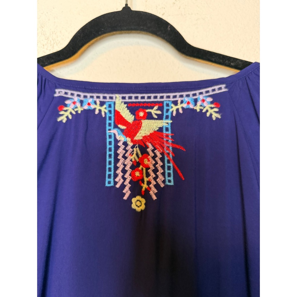 Navy Blue Embroidered Floral Boho 100% Cotton Blouse Top 1XL 3/4 Sleeve Peasant - Picture 11 of 13